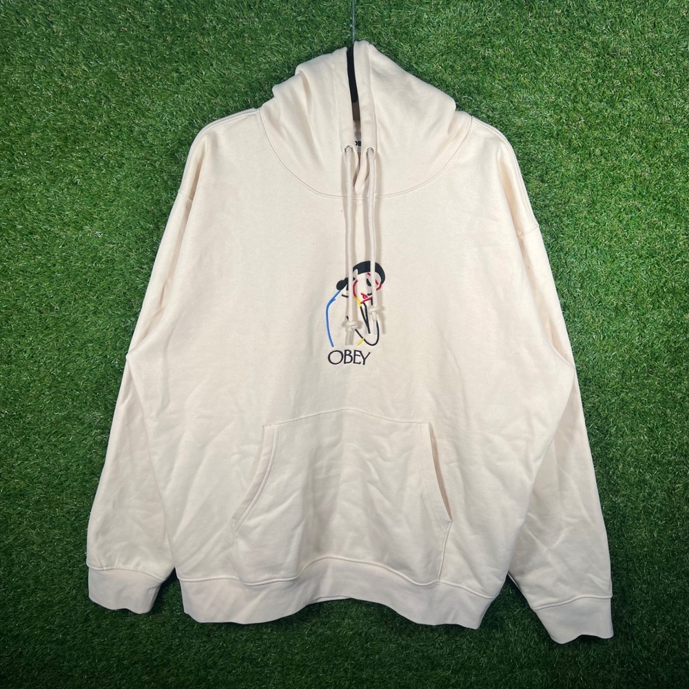 Obey Propaganda Graphic Hoodie Cream Mens Large Embroidered Logo Streetwear l